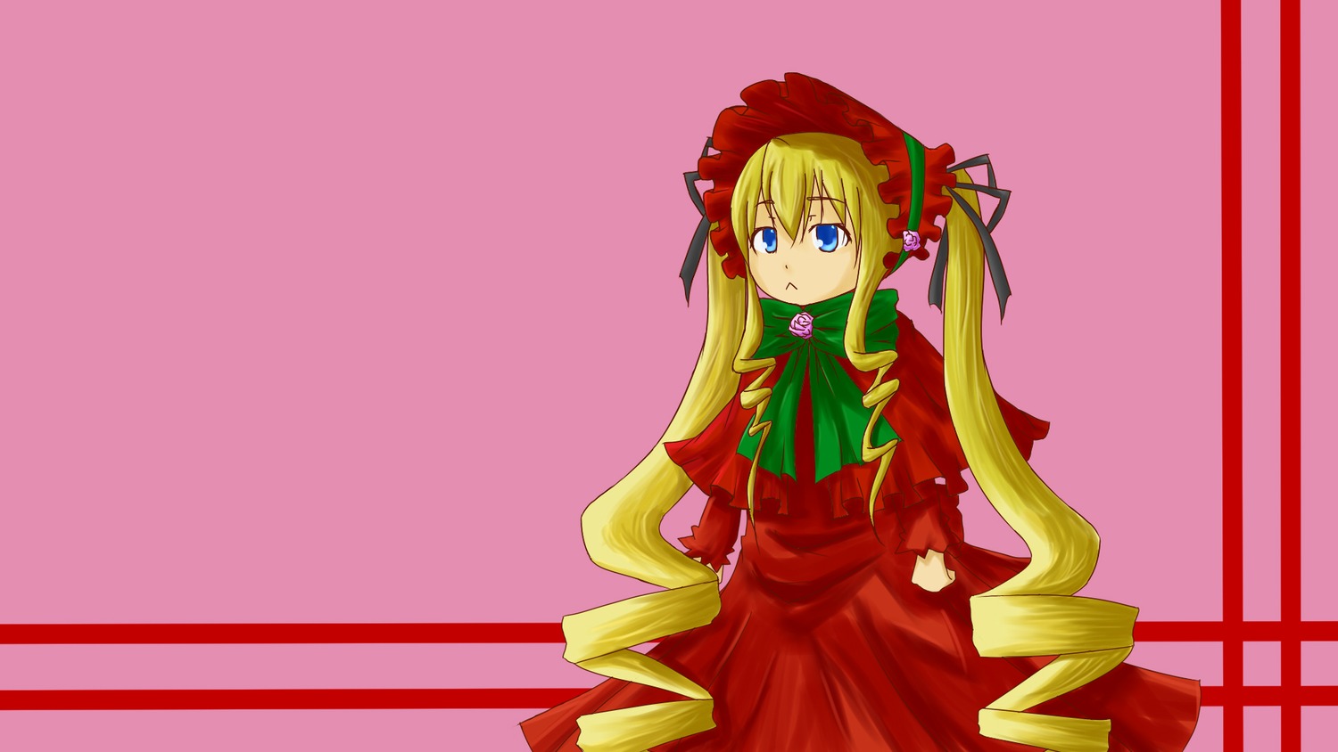 1girl auto_tagged blonde_hair blue_eyes bonnet bow bowtie capelet dress drill_hair green_bow image long_hair long_sleeves looking_at_viewer pink_background red_dress shinku simple_background solo standing twintails very_long_hair