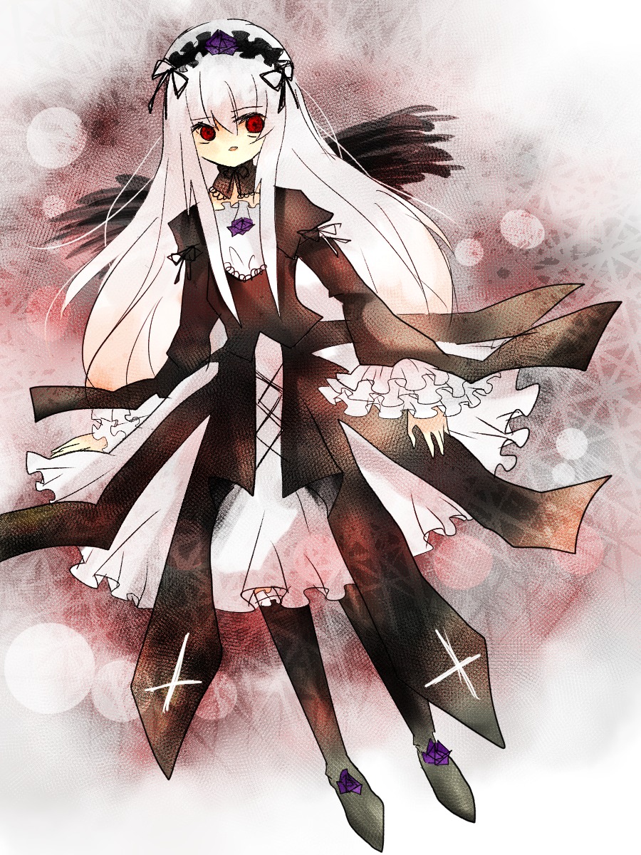 1girl black_wings dress flower frills full_body hairband image long_hair long_sleeves looking_at_viewer puffy_sleeves red_eyes ribbon rose silver_hair solo suigintou very_long_hair wings