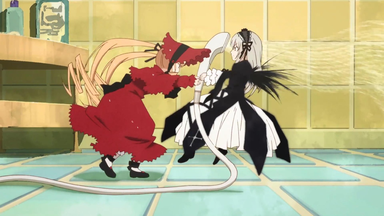 2girls blonde_hair dress hairband image long_hair long_sleeves multiple_girls pair ribbon shinku shoes suigintou very_long_hair wings