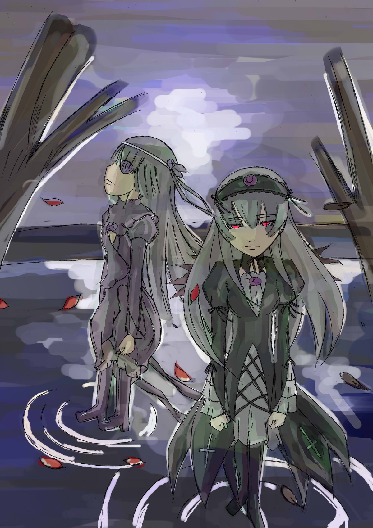 2girls barasuishou dress hairband image lolita_hairband long_hair long_sleeves looking_at_viewer multiple_girls pair petals red_eyes rose standing suigintou wings