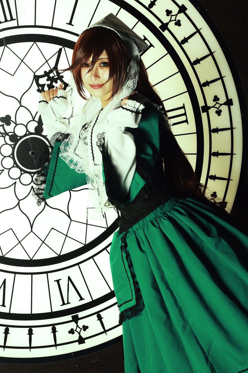 1girl brown_hair clock gears lips looking_at_viewer musical_note short_hair solo suiseiseki