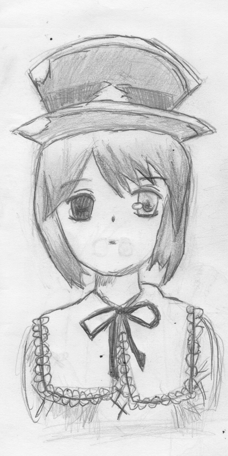1girl greyscale hat image looking_at_viewer monochrome ribbon short_hair simple_background solo souseiseki traditional_media white_background