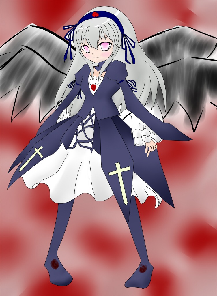 1girl black_wings dress frills full_body image juliet_sleeves long_hair long_sleeves looking_at_viewer pink_eyes puffy_sleeves ribbon rose silver_hair smile solo standing suigintou wings