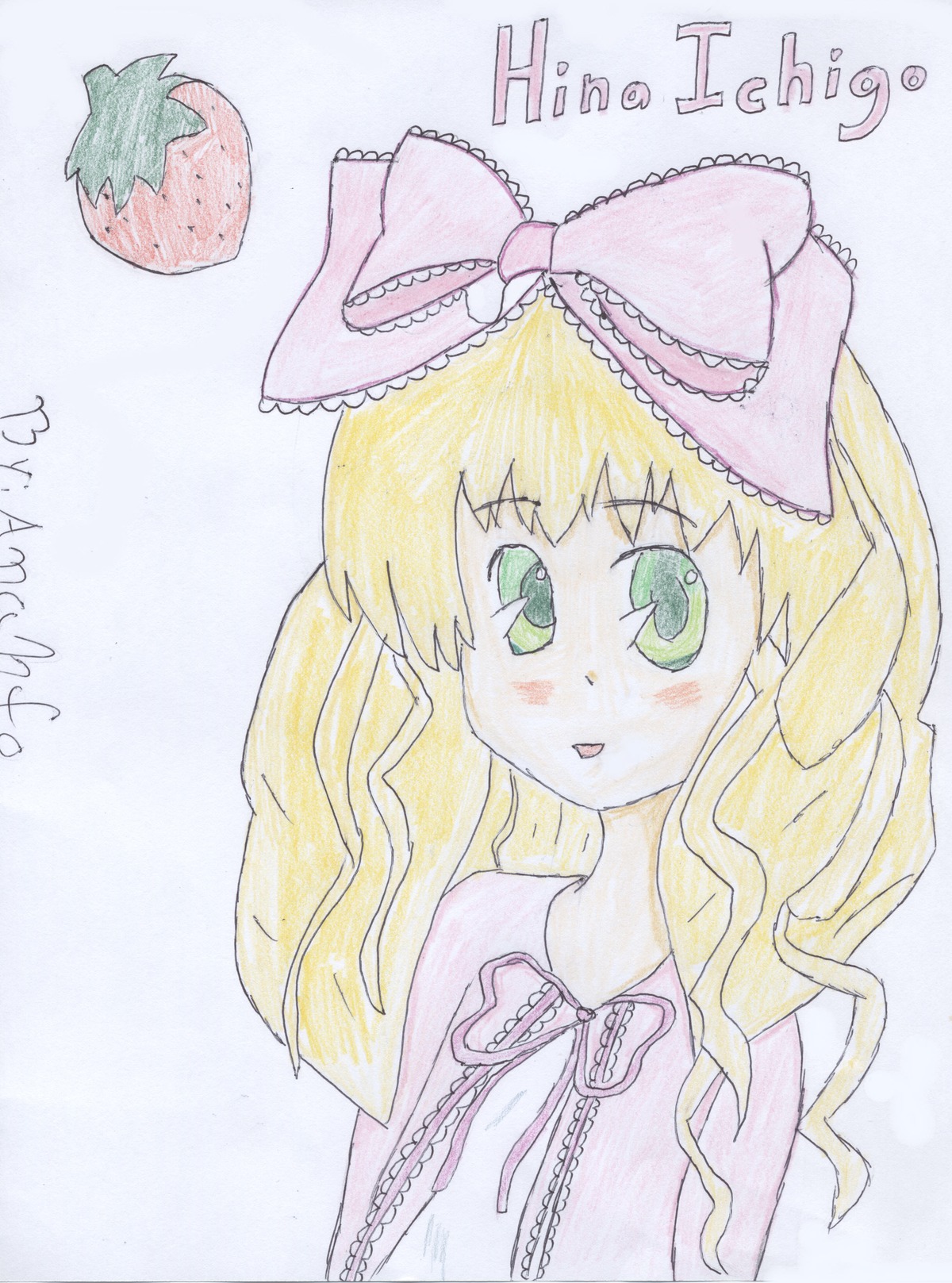 1girl blonde_hair blush bow food fruit green_eyes hair_bow hina_ichigo hinaichigo image pink_bow pink_neckwear pink_ribbon ribbon solo striped striped_background traditional_media