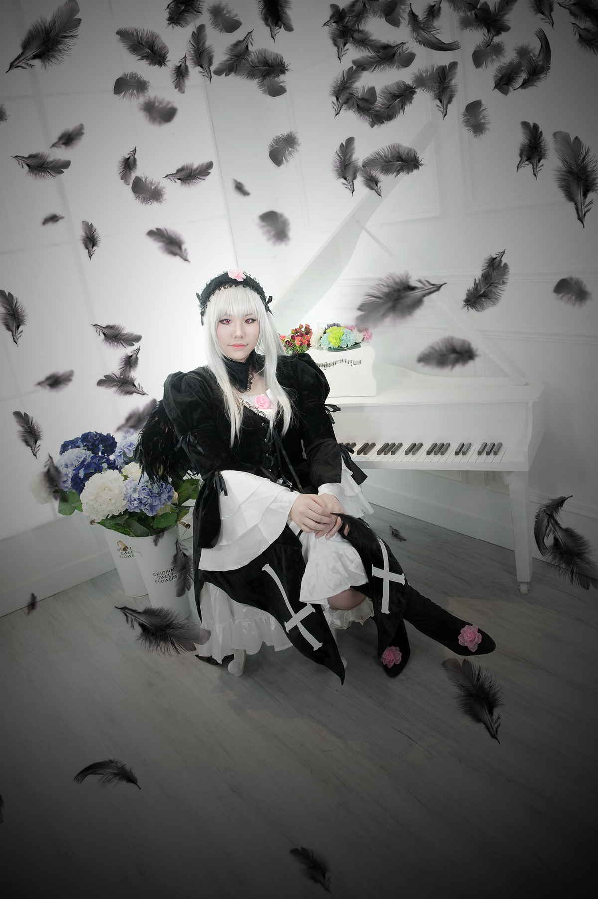 1girl animal bat bird bird_on_hand bird_on_head bird_on_shoulder black_feathers chicken crow dove dress eagle feathers flock flying frills gothic_lolita leaf long_hair owl penguin seagull sky solo sparrow standing suigintou white_feathers