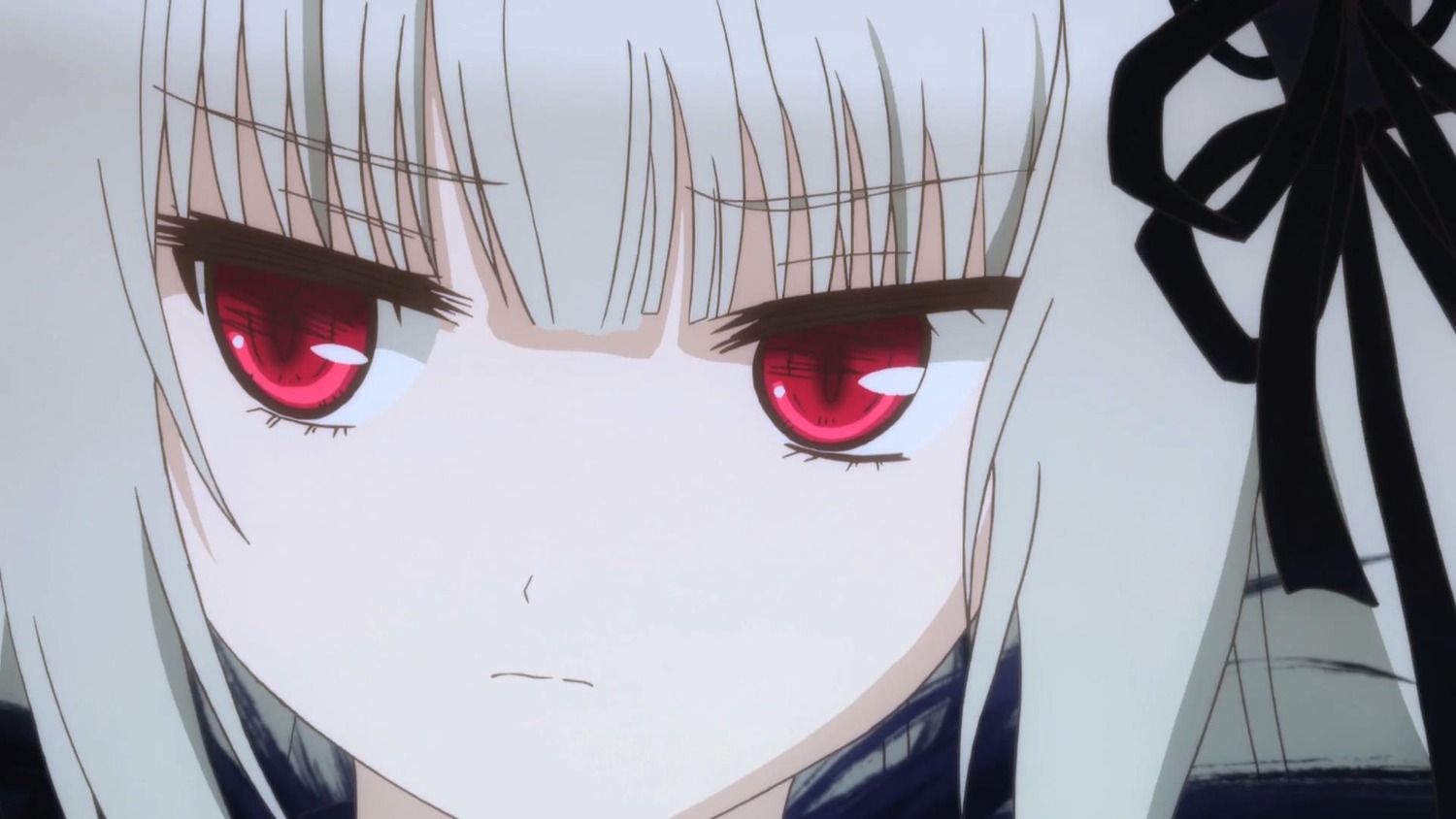 1girl bangs close-up closed_mouth eyebrows_visible_through_hair face image looking_at_viewer red_eyes ribbon simple_background solo suigintou