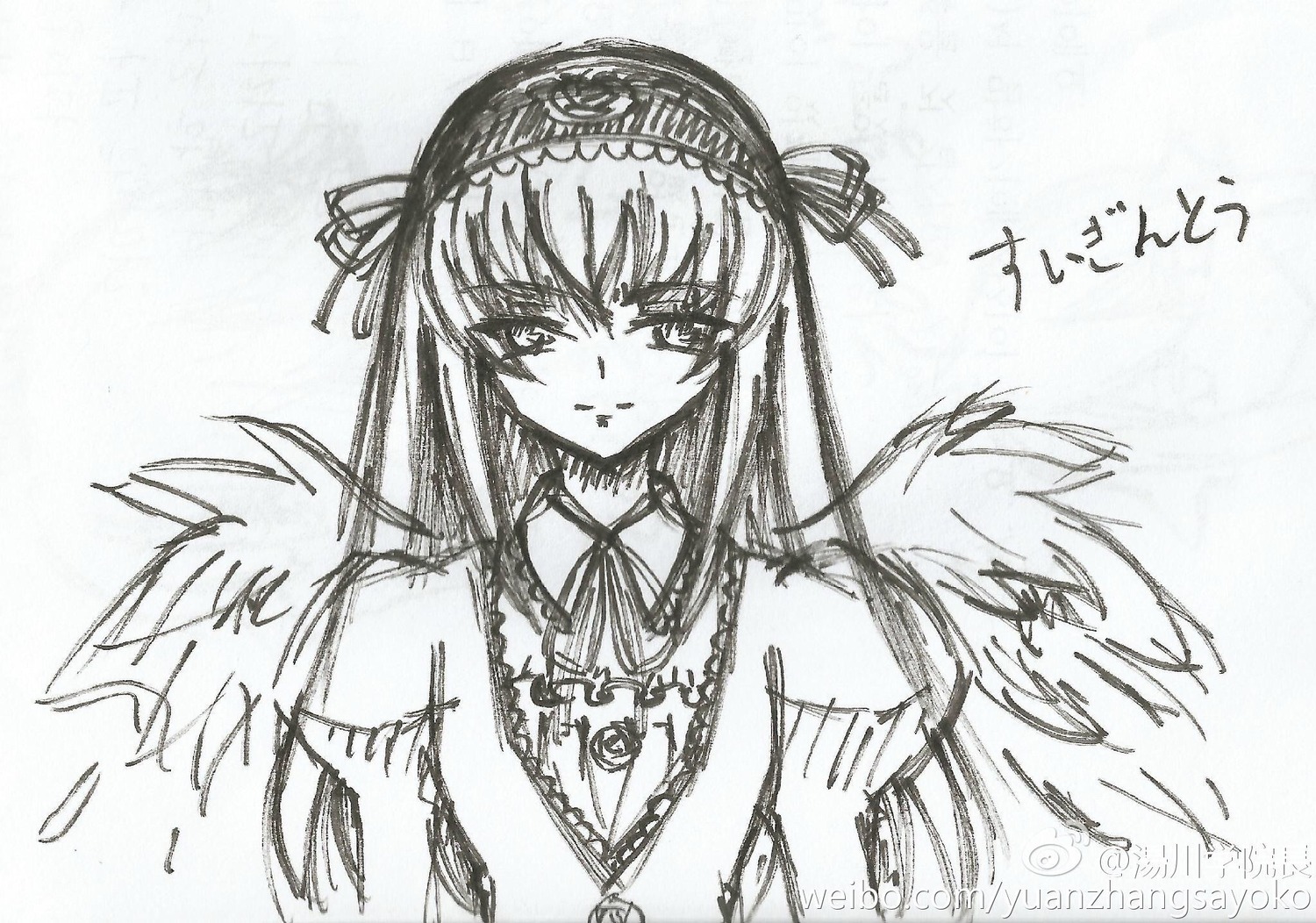 1girl detached_collar dress feathered_wings feathers frills greyscale hairband image long_hair long_sleeves looking_at_viewer monochrome ribbon simple_background solo suigintou upper_body white_background wings