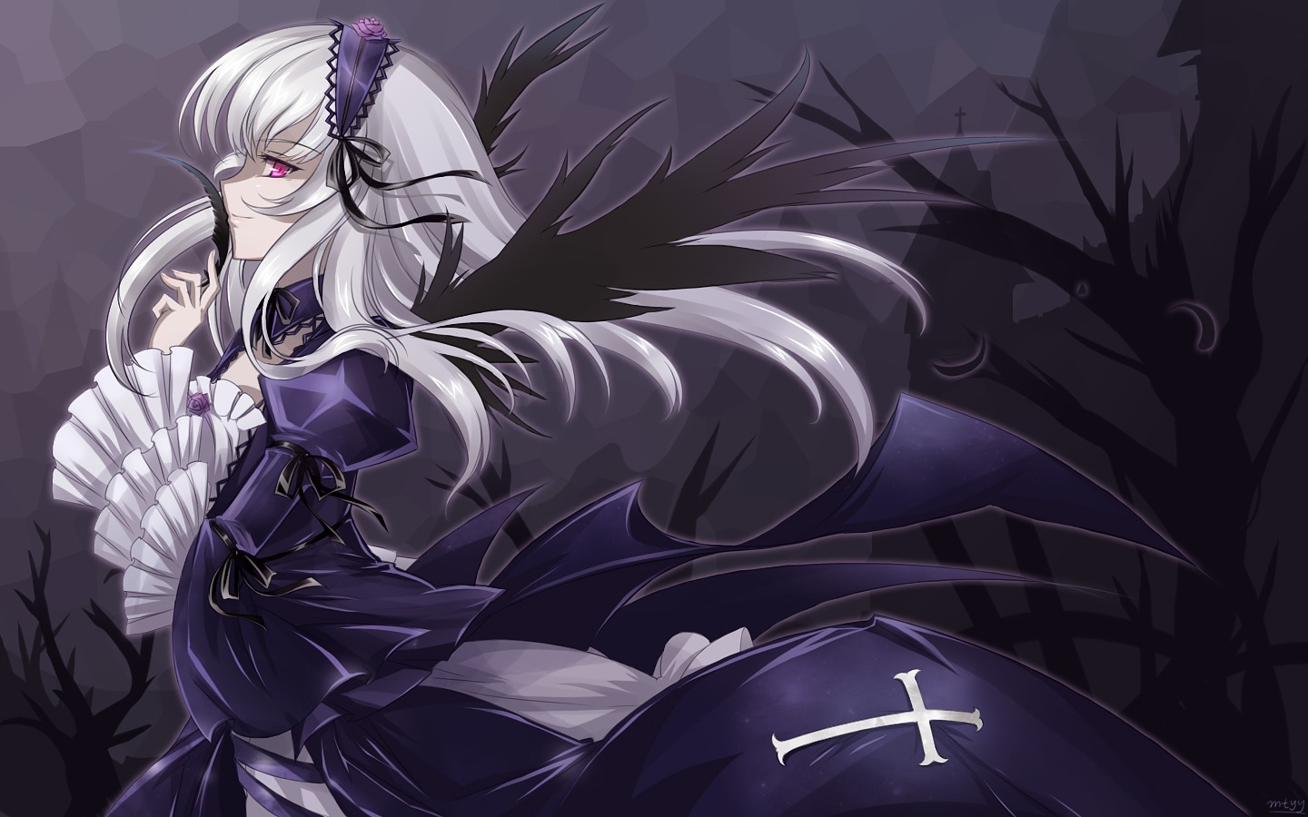 1girl black_wings commentary_request dress feathers flower frilled_sleeves frills hairband image juliet_sleeves long_hair long_sleeves mtyy photoshop_(medium) pink_eyes profile purple_eyes purple_flower ribbon rose rozen_maiden silver_hair solo suigintou very_long_hair wide_sleeves wind wings