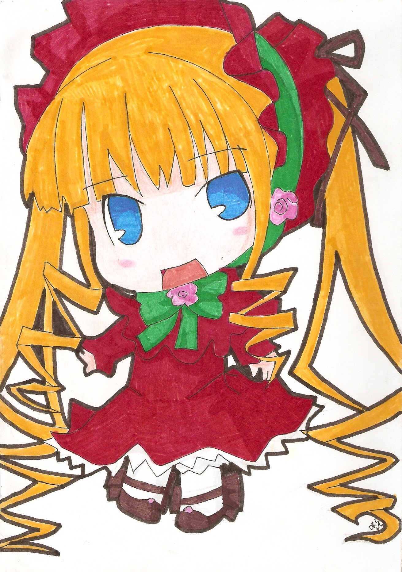 1girl blonde_hair blue_eyes bonnet bow bowtie chibi dress drill_hair flower full_body green_bow image long_hair long_sleeves looking_at_viewer marker_(medium) open_mouth red_dress shinku simple_background solo traditional_media twintails white_background