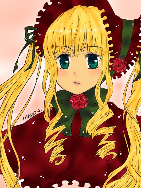 1girl blonde_hair blush bonnet bow drill_hair flower green_bow image long_hair looking_at_viewer parted_lips pink_flower pink_rose red_capelet red_flower red_rose ringlets rose shinku sidelocks signature solo twin_drills twintails upper_body