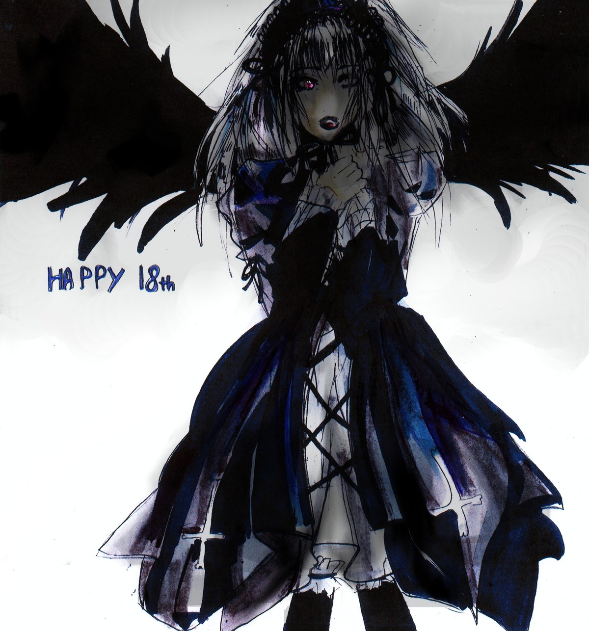1girl angel_wings auto_tagged black_wings doll_joints dress feathered_wings image joints long_hair long_sleeves open_mouth solo suigintou wings