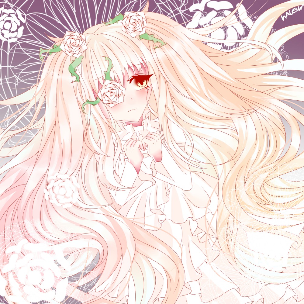 1girl blush dress eyepatch flower frills hair_flower hair_ornament image kirakishou long_hair pink_hair rose solo tears thorns very_long_hair vines white_flower white_rose