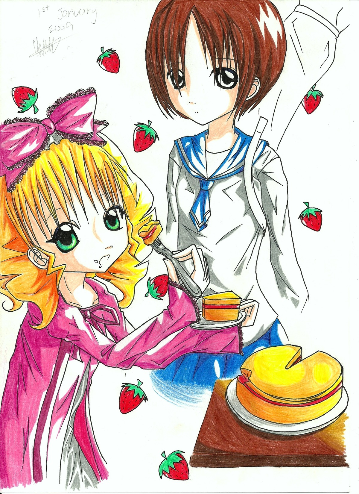 2girls apple blonde_hair blueberry brown_hair cherry food fruit grapes green_eyes hinaichigo holding_fruit image kashiwaba_tomoe long_sleeves multiple_girls orange short_hair solo strawberry tomato watermelon