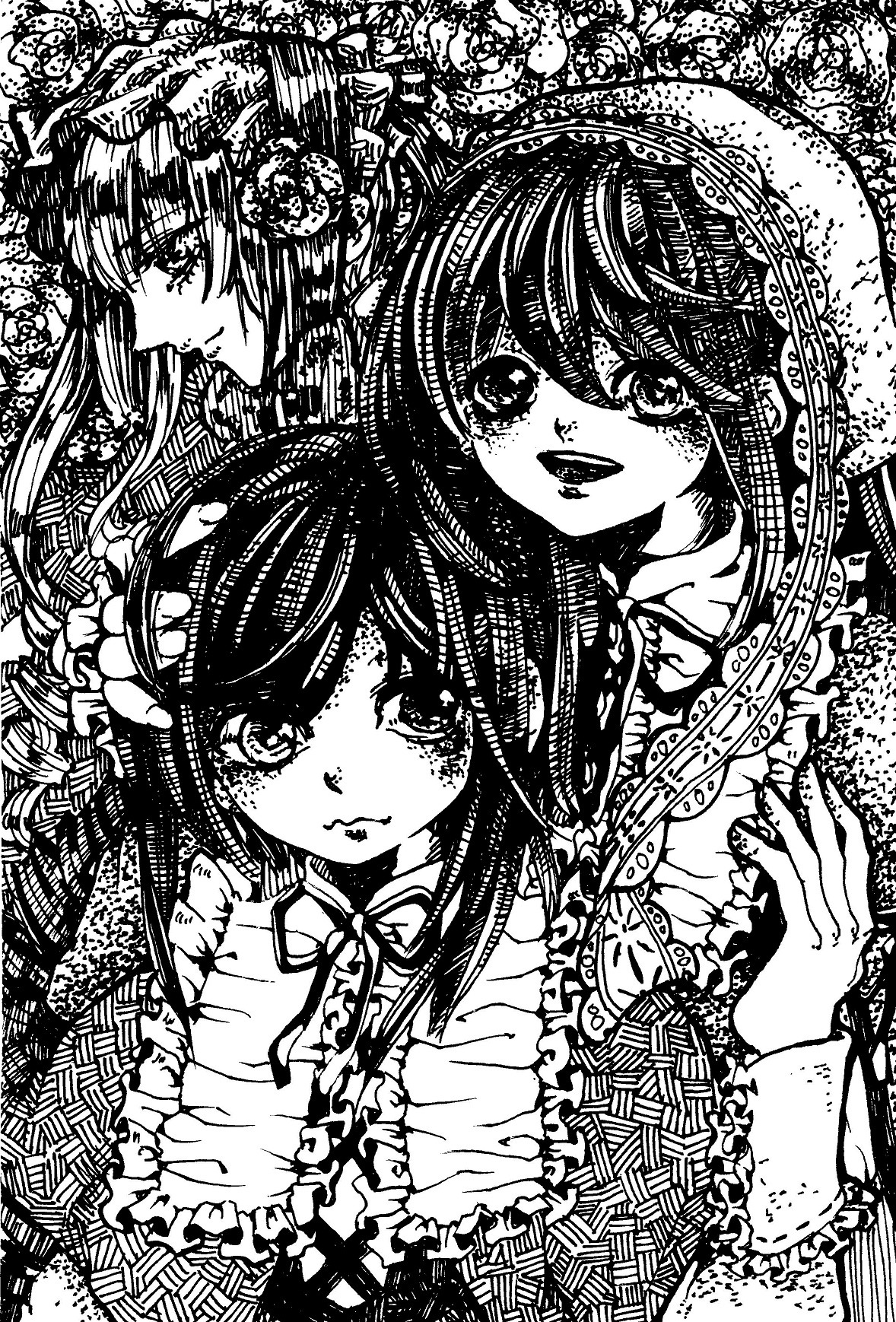 3girls alice_margatroid flower greyscale hat houraisan_kaguya image long_hair looking_at_viewer monochrome multiple_girls pair short_hair smile souseiseki suiseiseki