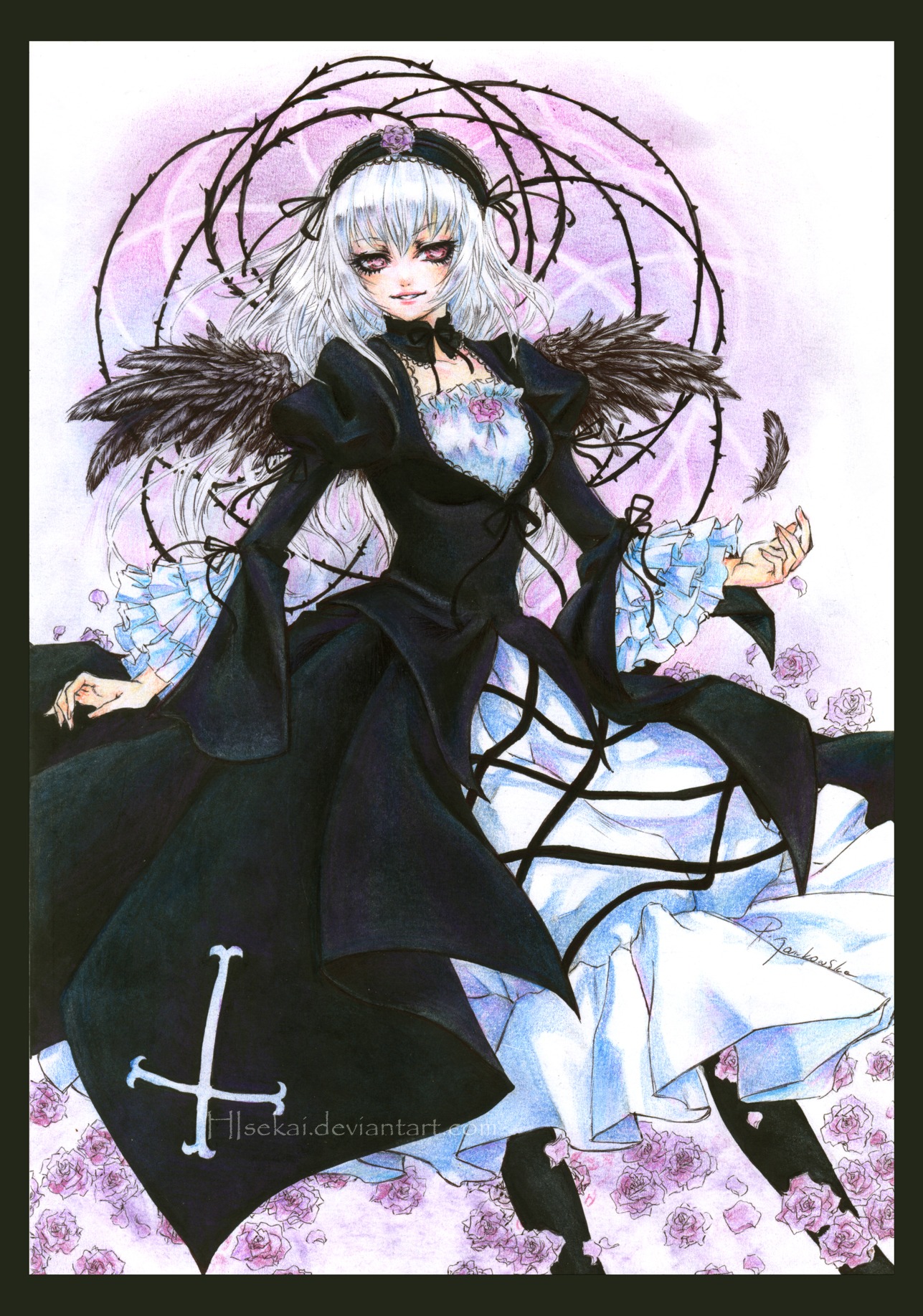 1girl artist_name bangs black_wings boots breasts collarbone commentary_request crayon_(medium) cross cross-laced_clothes dress feathers flower frills gothic_lolita hairband highres hisekai image lolita_fashion lolita_hairband long_hair long_sleeves looking_at_viewer marker_(medium) medium_breasts pink_eyes plant puffy_sleeves purple_flower purple_rose red_eyes ribbon rose rozen_maiden signature silver_hair smile solo suigintou traditional_media vines watermark wings