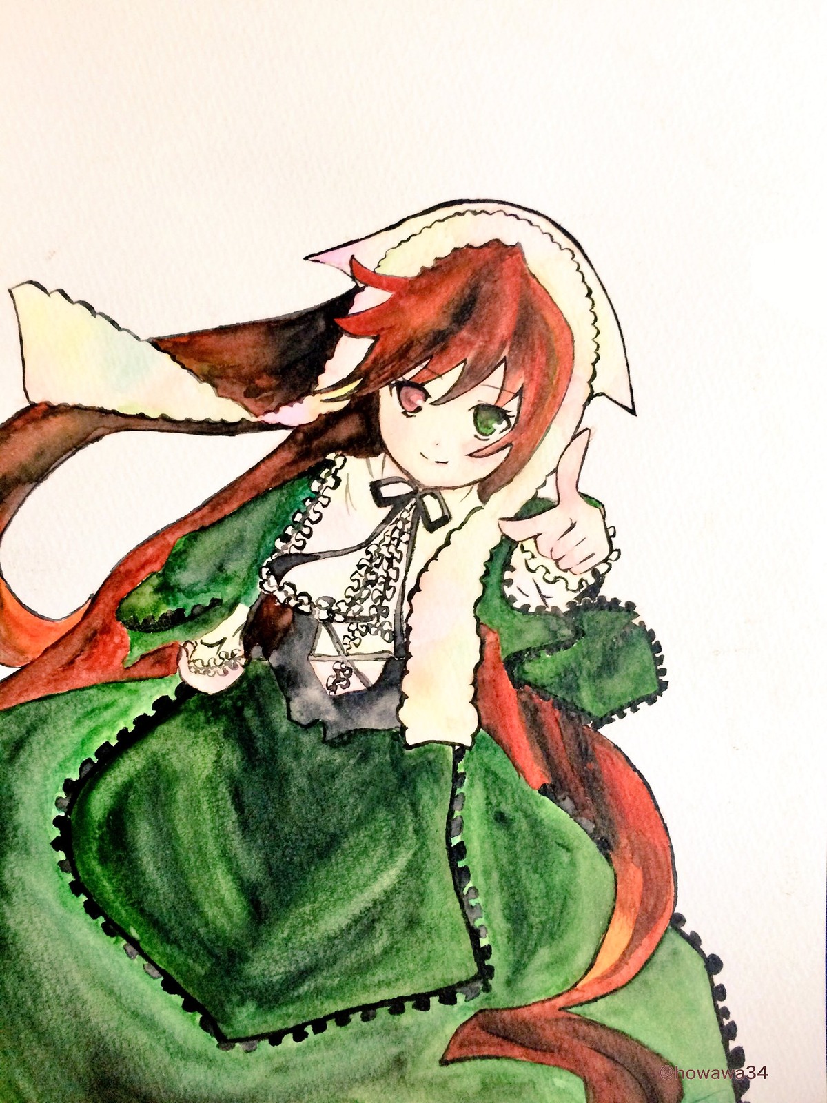 1girl brown_hair closed_mouth corset dress frills green_dress green_eyes head_scarf heterochromia image long_hair long_sleeves looking_at_viewer red_eyes smile solo suiseiseki very_long_hair