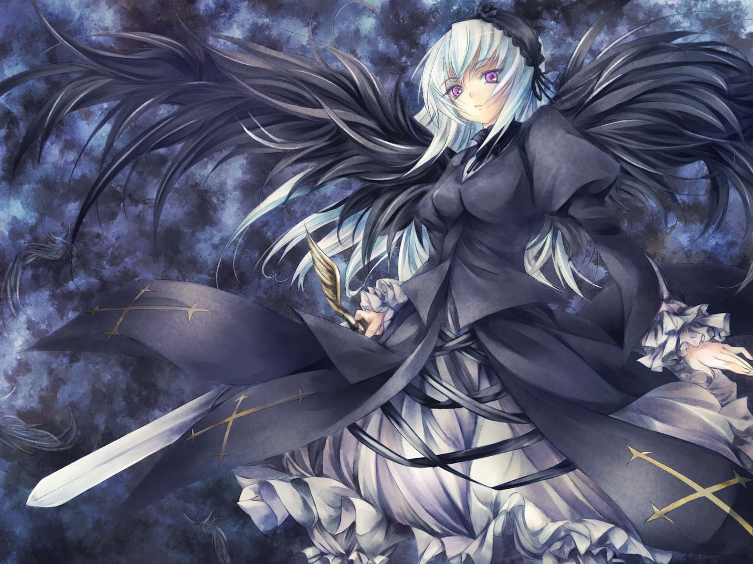 1girl artist_request black_dress black_wings cross dress duplicate floating_hair flower frilled_sleeves frills gothic hairband highres holding image juliet_sleeves lolita_hairband long_hair long_sleeves looking_at_viewer night photoshop_(medium) puffy_sleeves purple_eyes ribbon rose rozen_maiden silver_hair sky solo suigintou sword very_long_hair weapon white_hair wings