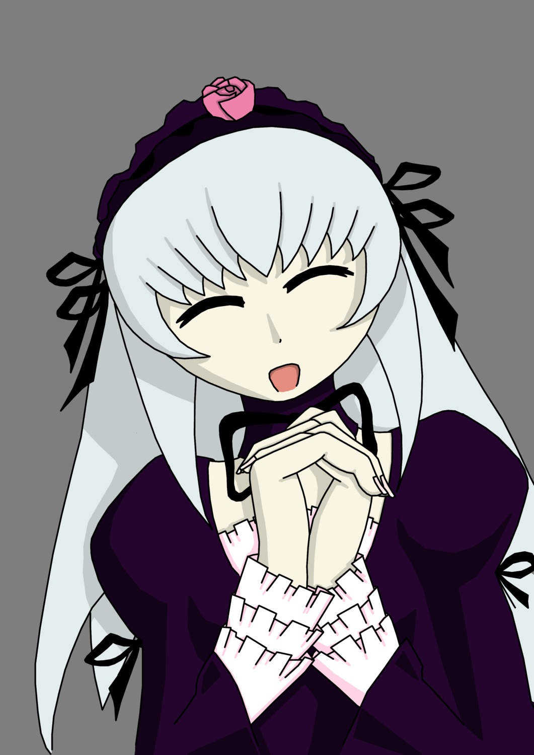 1girl blush closed_eyes dress frilled_sleeves frills hairband hands_clasped hands_together image juliet_sleeves long_hair long_sleeves open_mouth own_hands_together silver_hair simple_background smile solo suigintou upper_body