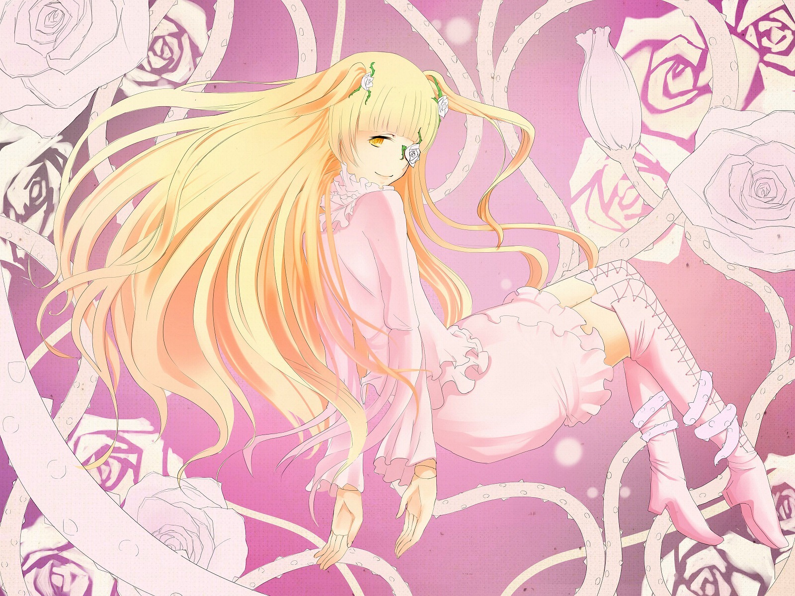 1girl black_rose blonde_hair blue_rose boots flower frills high_heels image kirakishou long_hair pink_flower pink_rose purple_rose red_flower red_rose rose rose_petals solo thighhighs thorns very_long_hair vines white_flower white_rose yellow_eyes yellow_rose