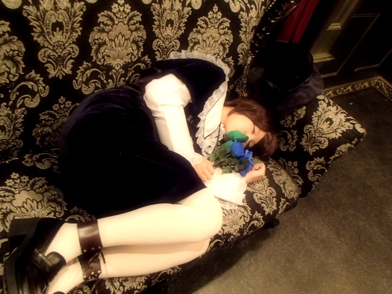 1girl closed_eyes dress fetal_position flower knees_up legs_together long_sleeves lying rose solo souseiseki