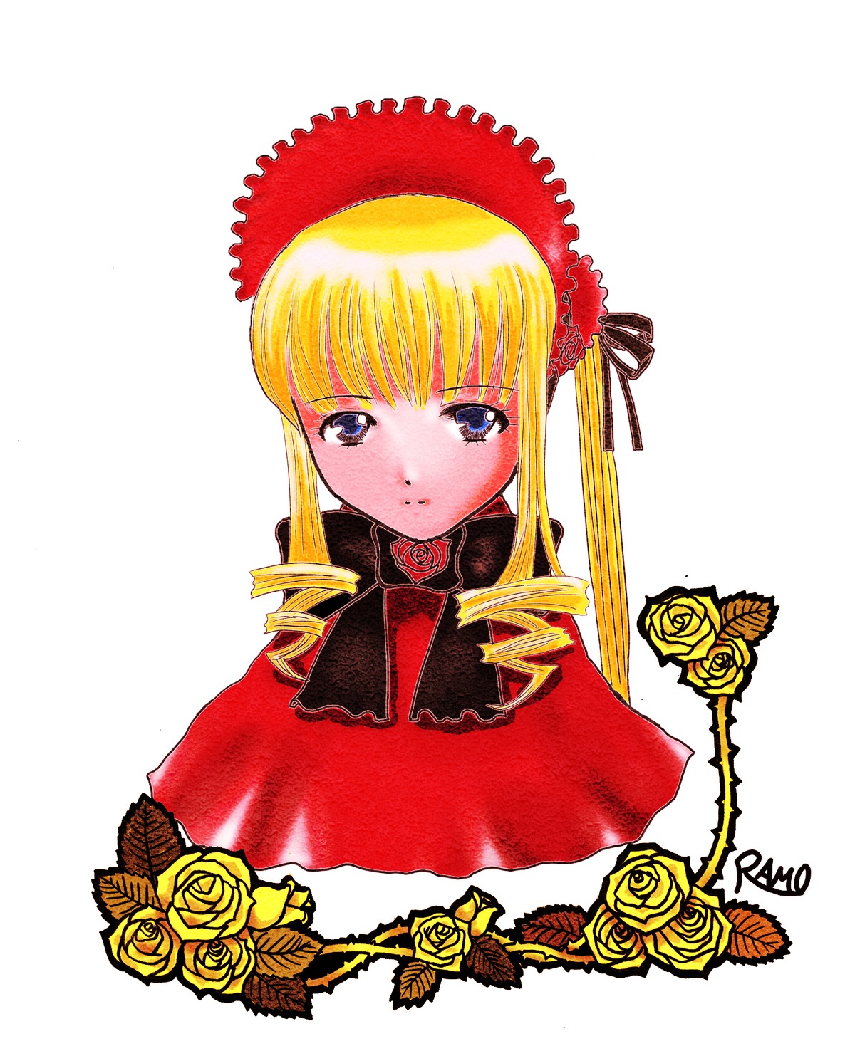 1girl blonde_hair blue_eyes blush bonnet drill_hair flower image long_hair looking_at_viewer pink_flower pink_rose red_dress rose shinku sidelocks simple_background solo twin_drills white_background yellow_flower yellow_rose