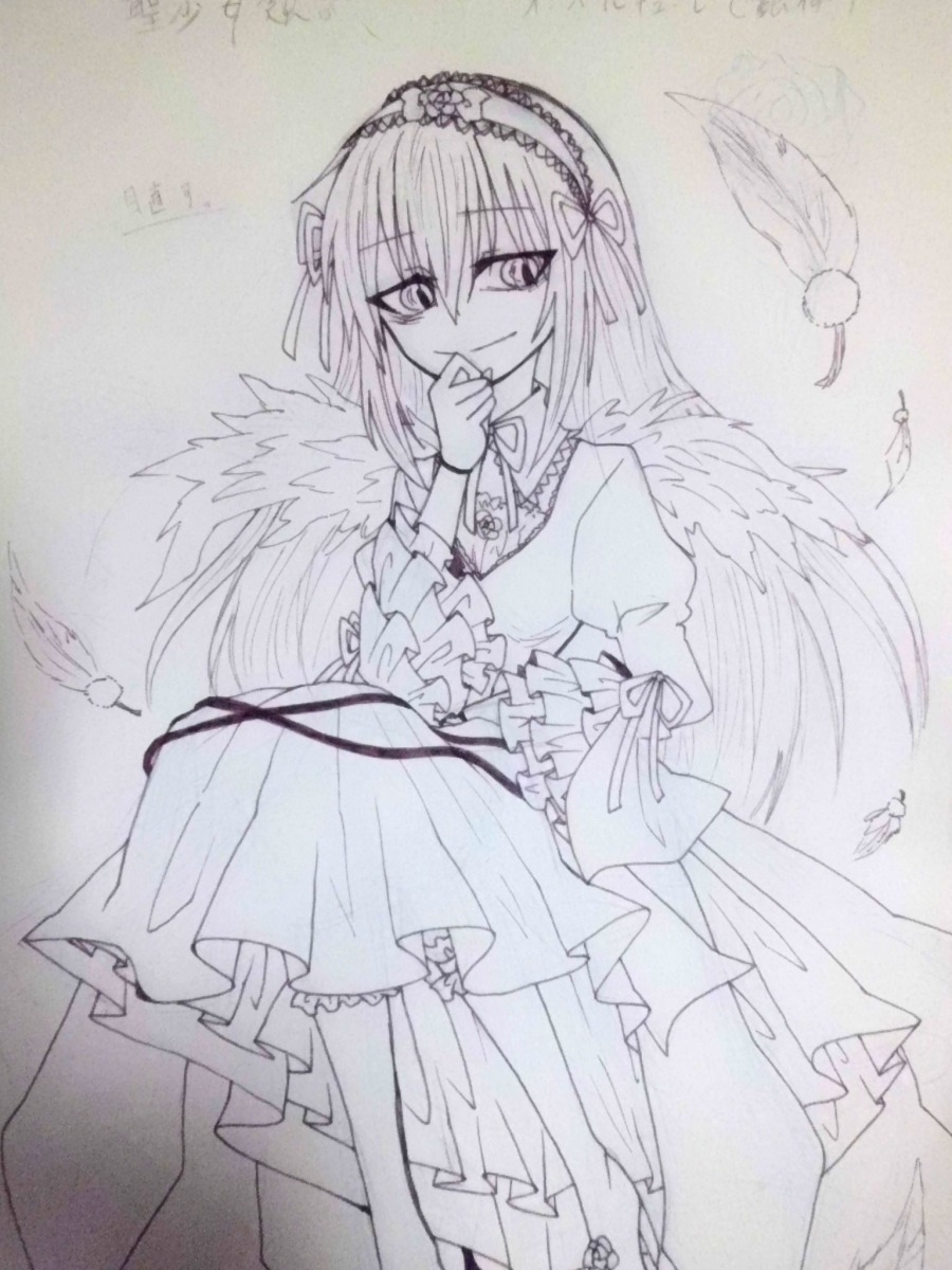 1girl dress feathered_wings feathers frills hairband image long_hair long_sleeves looking_at_viewer monochrome ribbon smile solo suigintou traditional_media wings