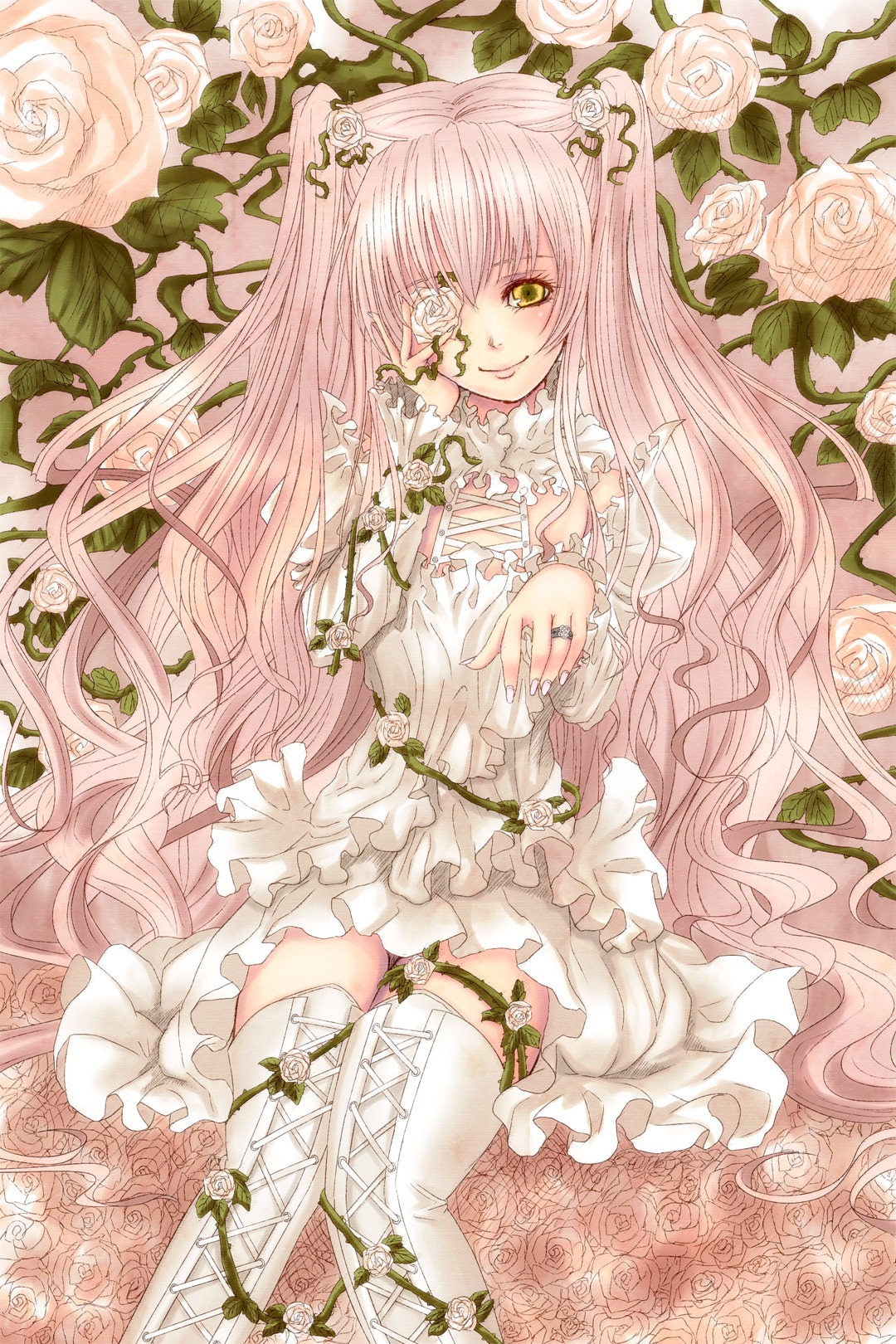 1girl cross dress eyepatch flower frills image joints kirakishou long_hair pink_flower pink_hair pink_rose plant ring rose smile solo thighhighs thorns very_long_hair vines white_flower white_rose yellow_eyes