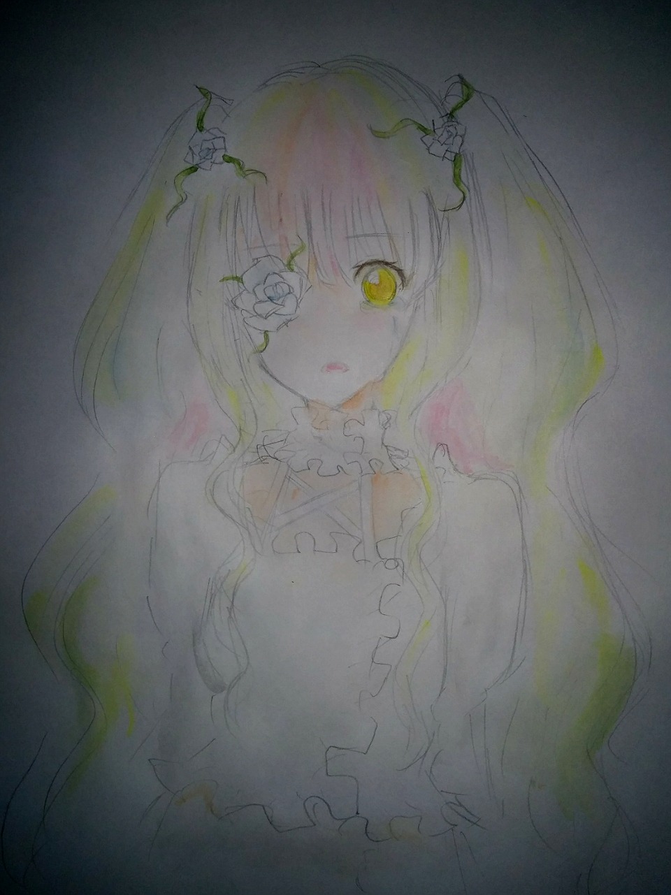 1girl bangs dress flower hair_flower hair_ornament image kirakishou long_hair looking_at_viewer rose solo thorns traditional_media upper_body vines watercolor_(medium) yellow_eyes