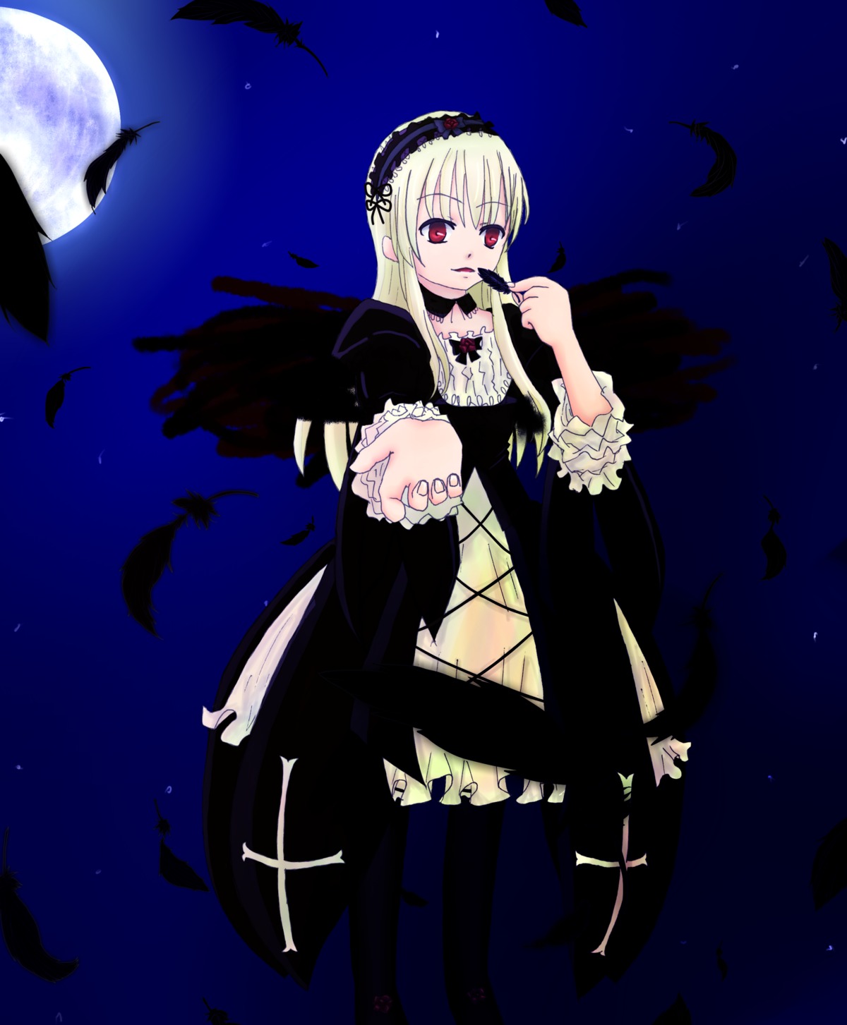 1girl bat bird bird_on_hand black_dress black_feathers black_wings crow dove dress feathered_wings feathers flower flying frilled_sleeves frills full_body full_moon hairband image long_hair long_sleeves moon night night_sky red_eyes ribbon rose seagull sky solo suigintou very_long_hair white_feathers wings