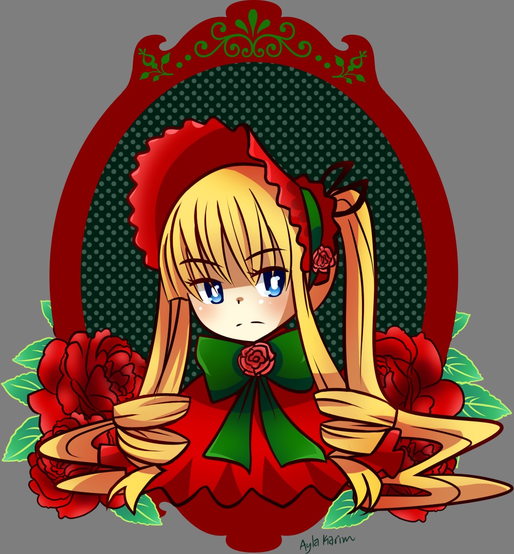 1girl blonde_hair blue_eyes bow bowtie dress flower green_bow image long_hair looking_at_viewer red_flower red_rose rose shinku simple_background solo twintails