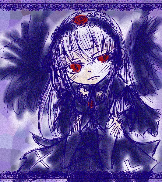 1girl black_dress black_wings dress elbow_gloves feathered_wings frills gloves image long_hair looking_at_viewer red_eyes sad solo suigintou wings