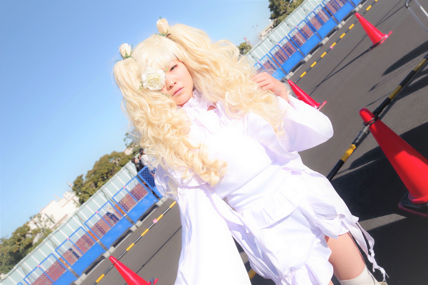 1girl blonde_hair blue_sky closed_eyes day dress flower hair_flower hair_ornament kirakishou long_hair outdoors realistic sky solo striped thighhighs twintails white_dress white_legwear white_rose