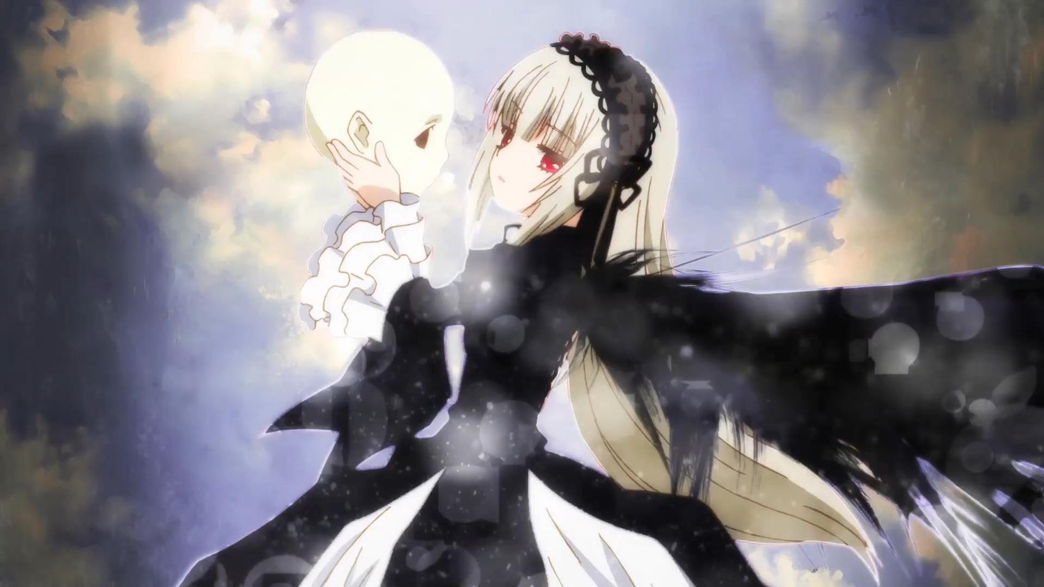 1girl bangs black_wings closed_mouth cloud cloudy_sky dress eyebrows_visible_through_hair frilled_sleeves frills hairband image long_hair long_sleeves outdoors red_eyes silver_hair sky solo suigintou very_long_hair wings
