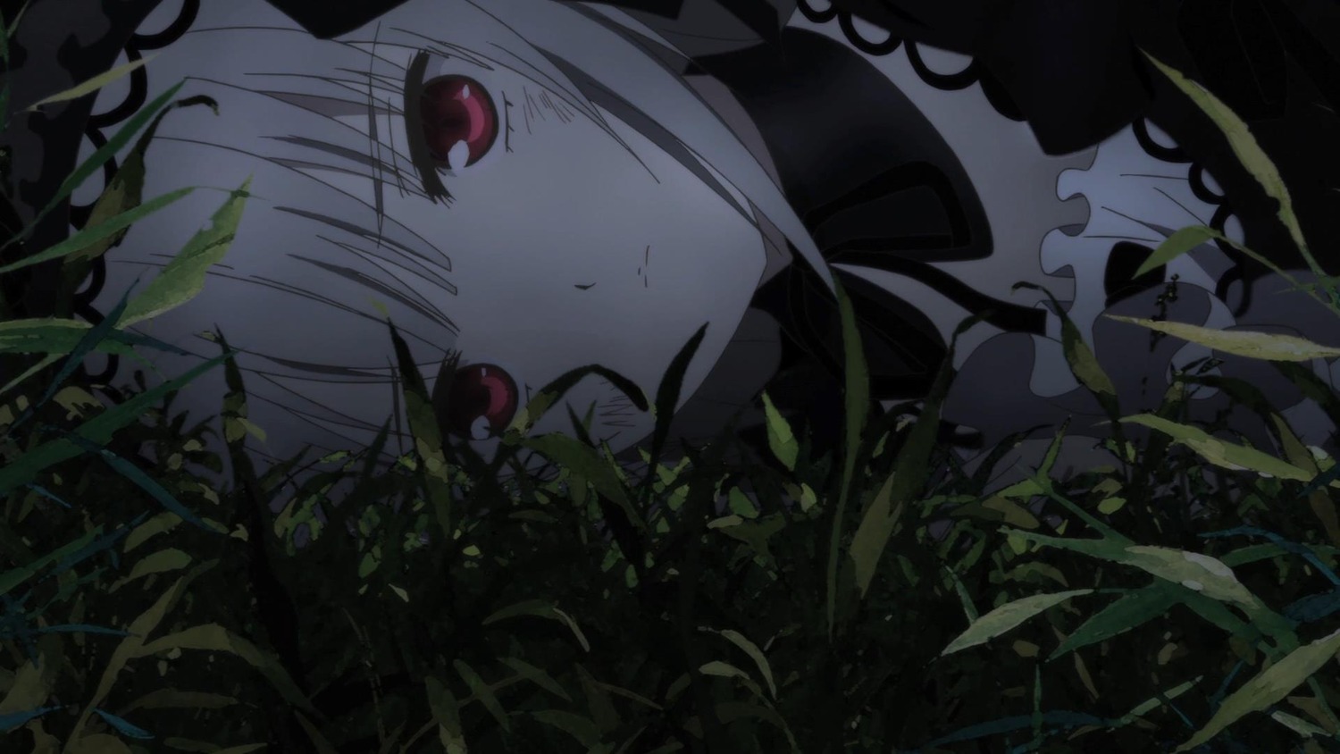 1girl bangs black_dress closed_mouth eyebrows_visible_through_hair flower hair_ribbon image looking_at_viewer one_eye_closed plant red_eyes ribbon solo suigintou