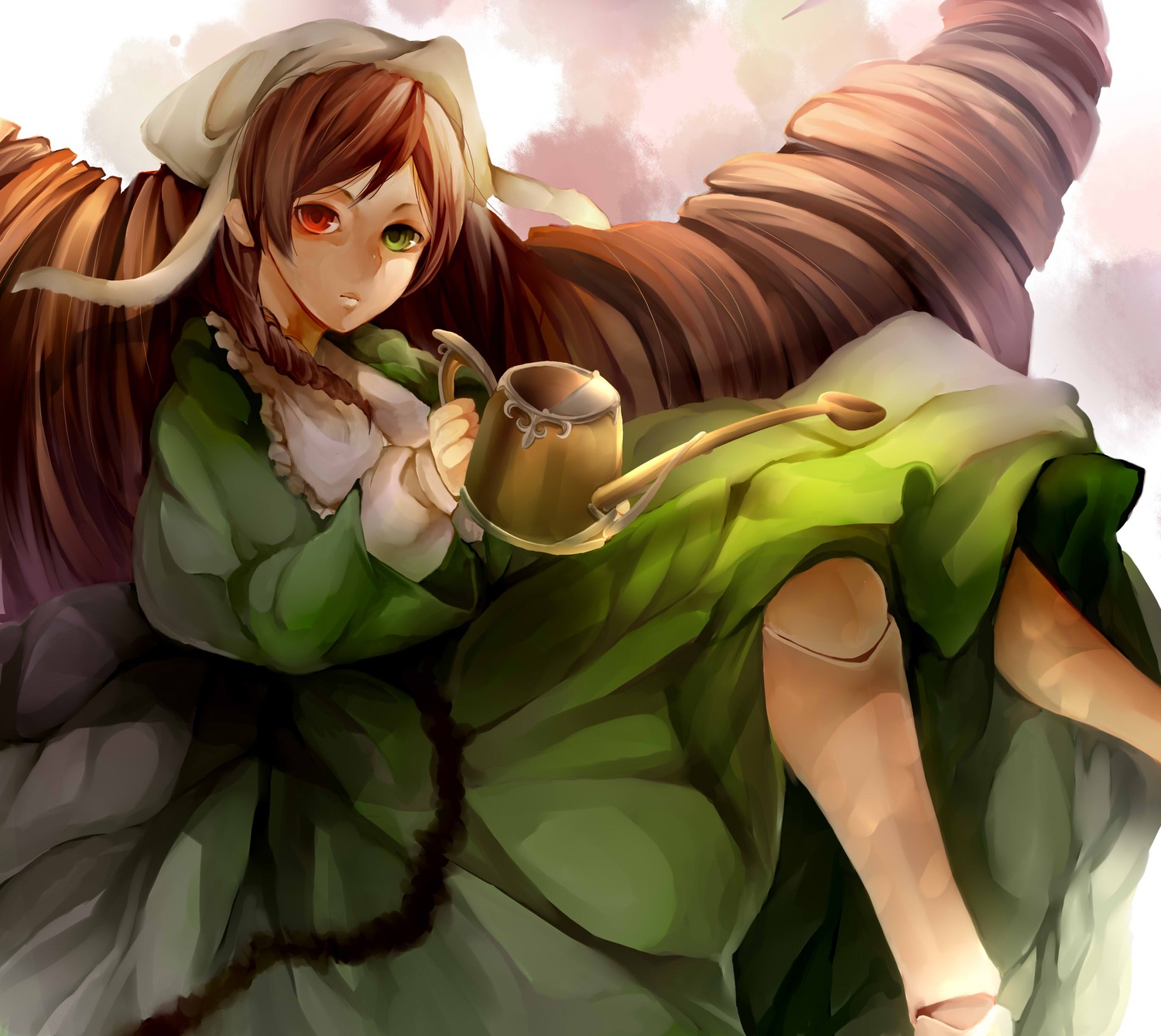 1girl brown_hair dress drill_hair frills green_dress green_eyes heterochromia image long_hair long_sleeves looking_at_viewer red_eyes ringlets solo suiseiseki twin_drills very_long_hair watering_can