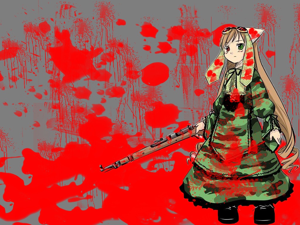 1girl blonde_hair blood blood_splatter bloody_clothes boots dress green_eyes gun heterochromia image long_hair red_background red_eyes rifle solo suiseiseki weapon