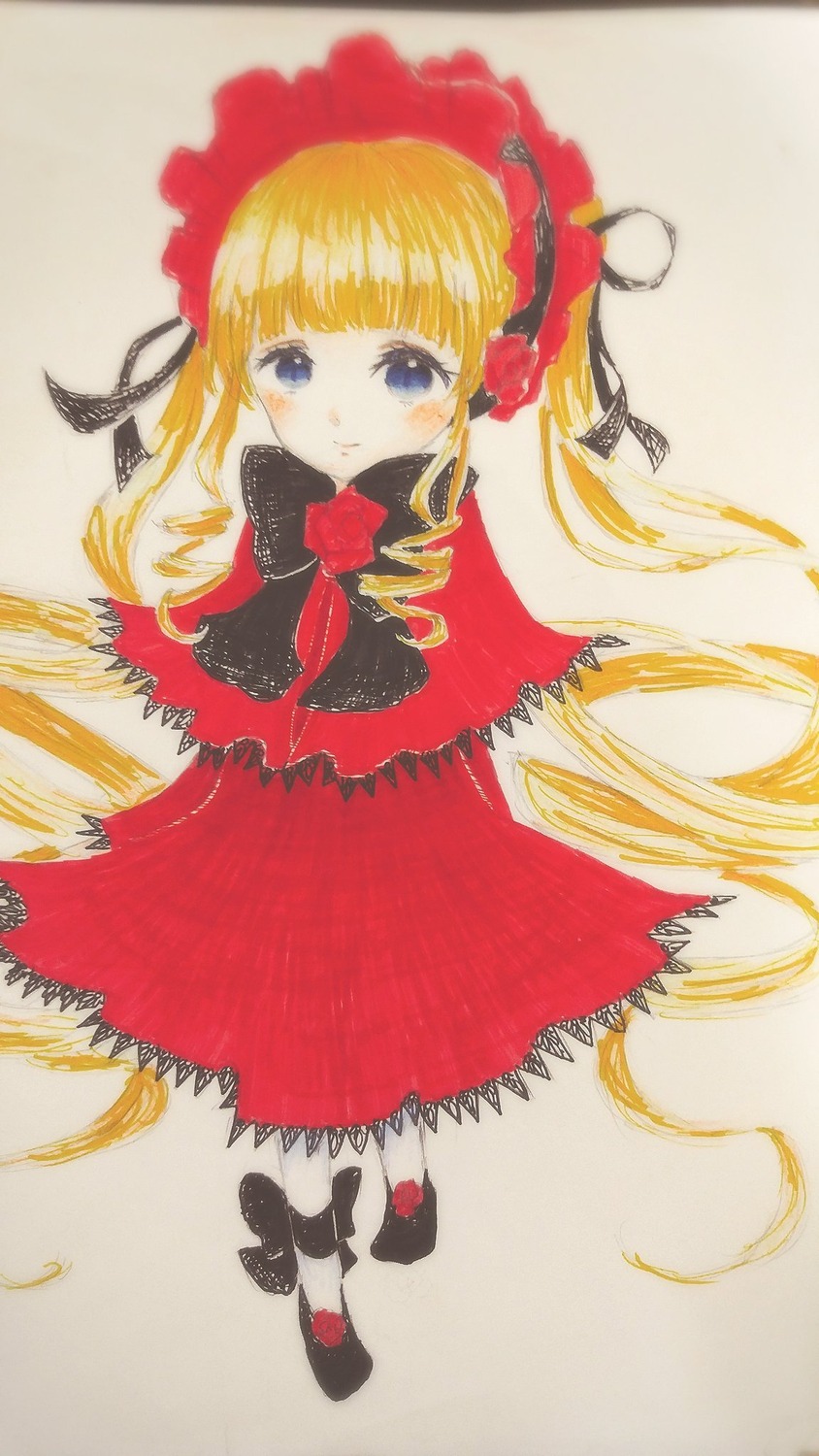 1girl black_footwear blonde_hair blue_eyes blush bonnet bow bowtie dress drill_hair full_body image long_hair long_sleeves looking_at_viewer red_dress shinku shoes solo twintails very_long_hair