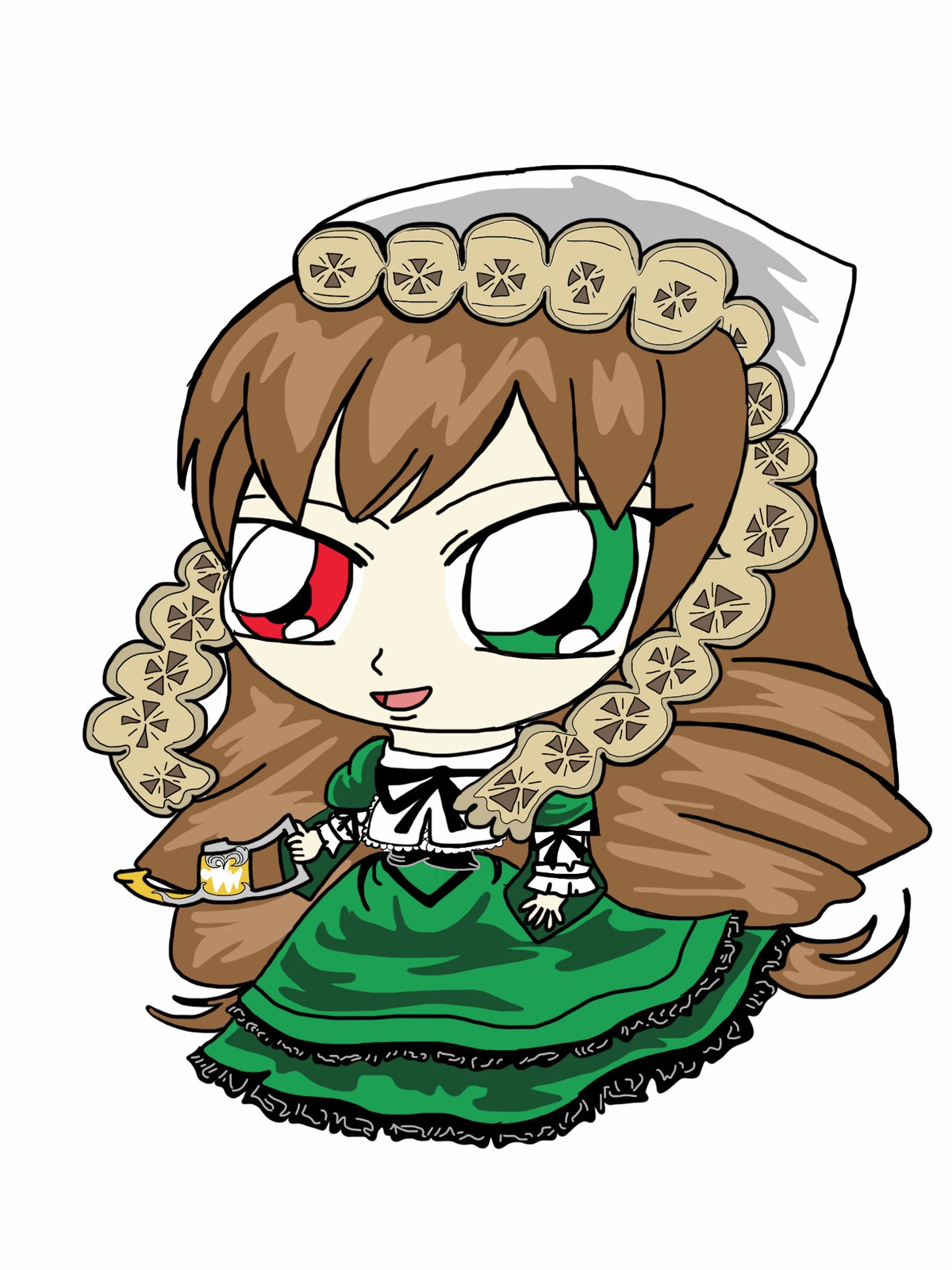 1girl blush_stickers brown_hair chibi dress drill_hair frills full_body green_dress green_eyes heterochromia image long_hair long_sleeves open_mouth red_eyes ribbon simple_background solo suiseiseki very_long_hair white_background