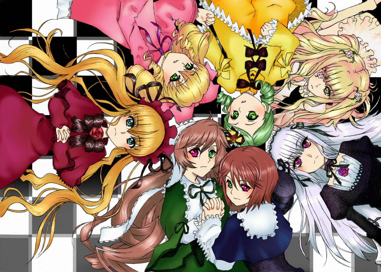 6+girls blonde_hair blue_eyes bow brown_hair checkered checkered_background checkered_floor dress frills green_eyes hairband heterochromia hina_ichigo holding_hands image kanaria long_hair long_sleeves looking_at_viewer multiple multiple_girls pink_bow pink_dress pink_eyes red_eyes shinku short_hair silver_hair sisters souseiseki suigintou suiseiseki tagme twintails very_long_hair