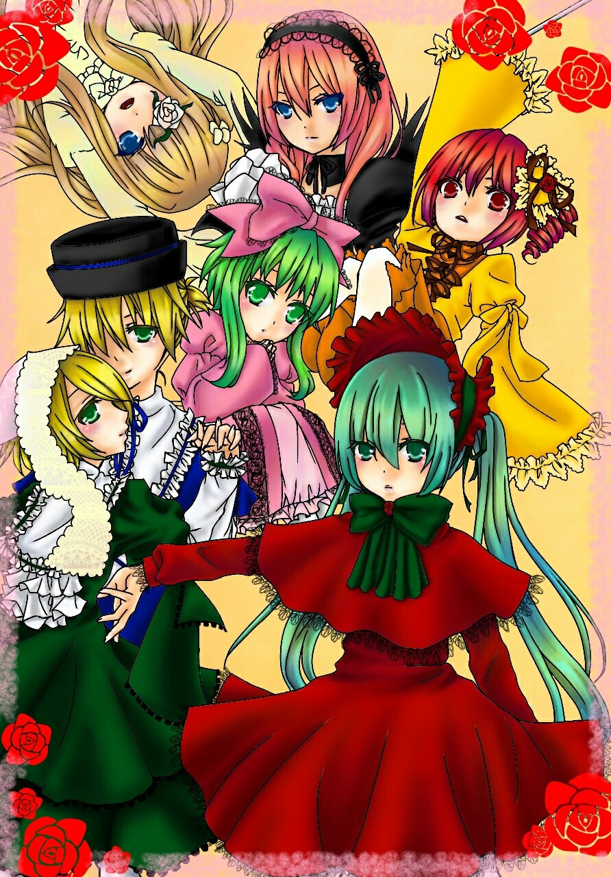 6+girls blonde_hair blue_eyes bonnet bow dress eyepatch flower frills green_eyes green_hair hair_ornament hairband hat hatsune_miku hina_ichigo image kanaria long_hair multiple multiple_girls pink_bow pink_rose red_flower red_rose rose shinku short_hair siblings sisters souseiseki suigintou suiseiseki tagme top_hat twins twintails very_long_hair