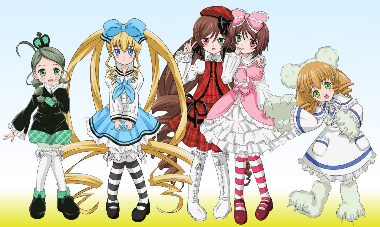 5girls blonde_hair blue_dress blue_eyes boots bow brown_hair commentary_request dress green_eyes green_hair hair_bow heterochromia hina_ichigo image kanaria long_hair looking_at_viewer multiple multiple_girls pantyhose pink_bow red_eyes rozen_maiden shinku shoes short_hair siblings sisters smile souseiseki striped striped_legwear suiseiseki tagme takumi_(rozen_garten) twins twintails white_legwear