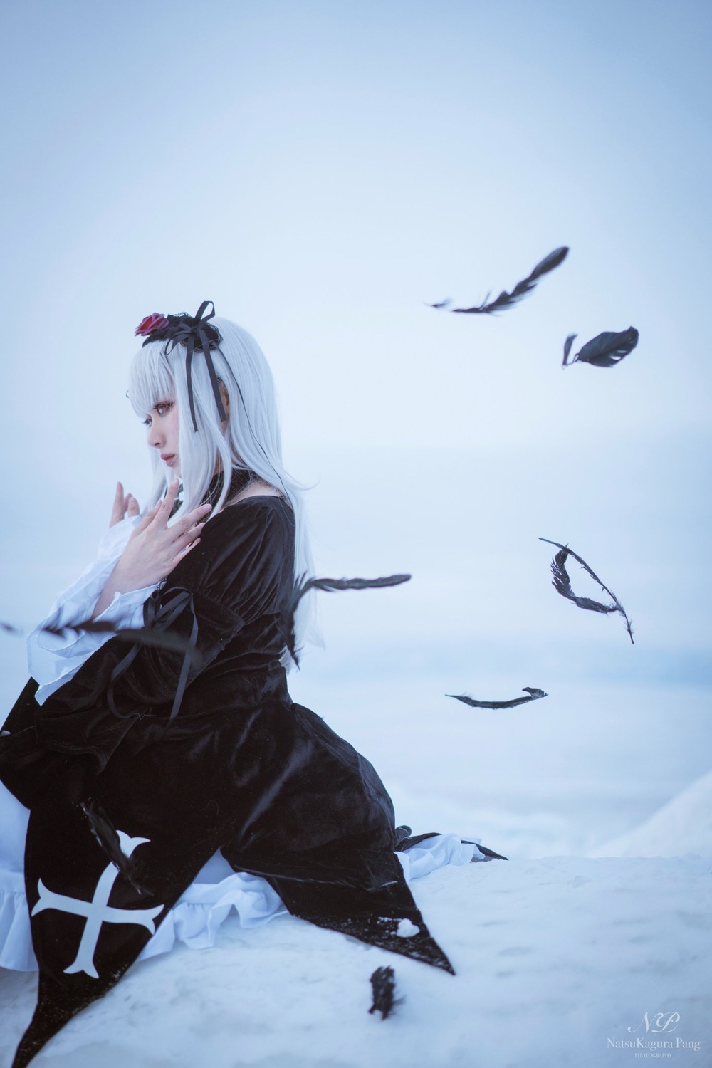 1girl artist_name bangs bird black_dress black_feathers closed_mouth dress feathers hair_ornament long_hair long_sleeves nail_polish profile signature solo suigintou wide_sleeves