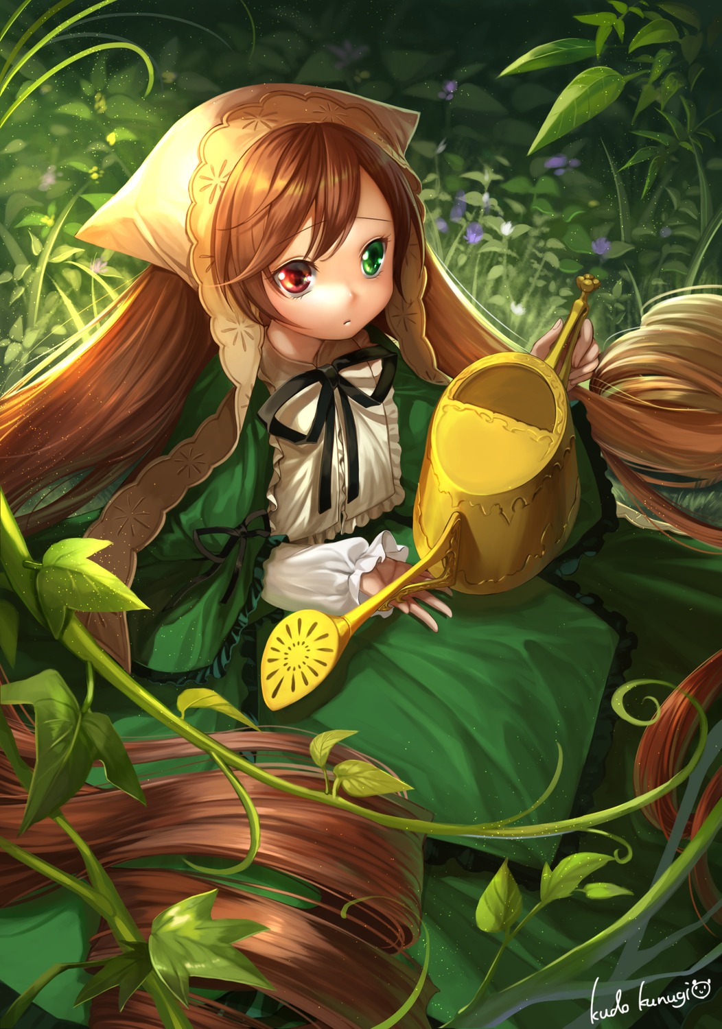 1girl artist_name bangs brown_hair capelet commentary_request dress drill_hair flower frills grass green_dress green_eyes head_scarf heterochromia highres holding image kudo_kunugi leaf long_hair long_sleeves looking_at_viewer outdoors plant red_eyes ribbon rozen_maiden solo suiseiseki swept_bangs twin_drills very_long_hair vines watering_can