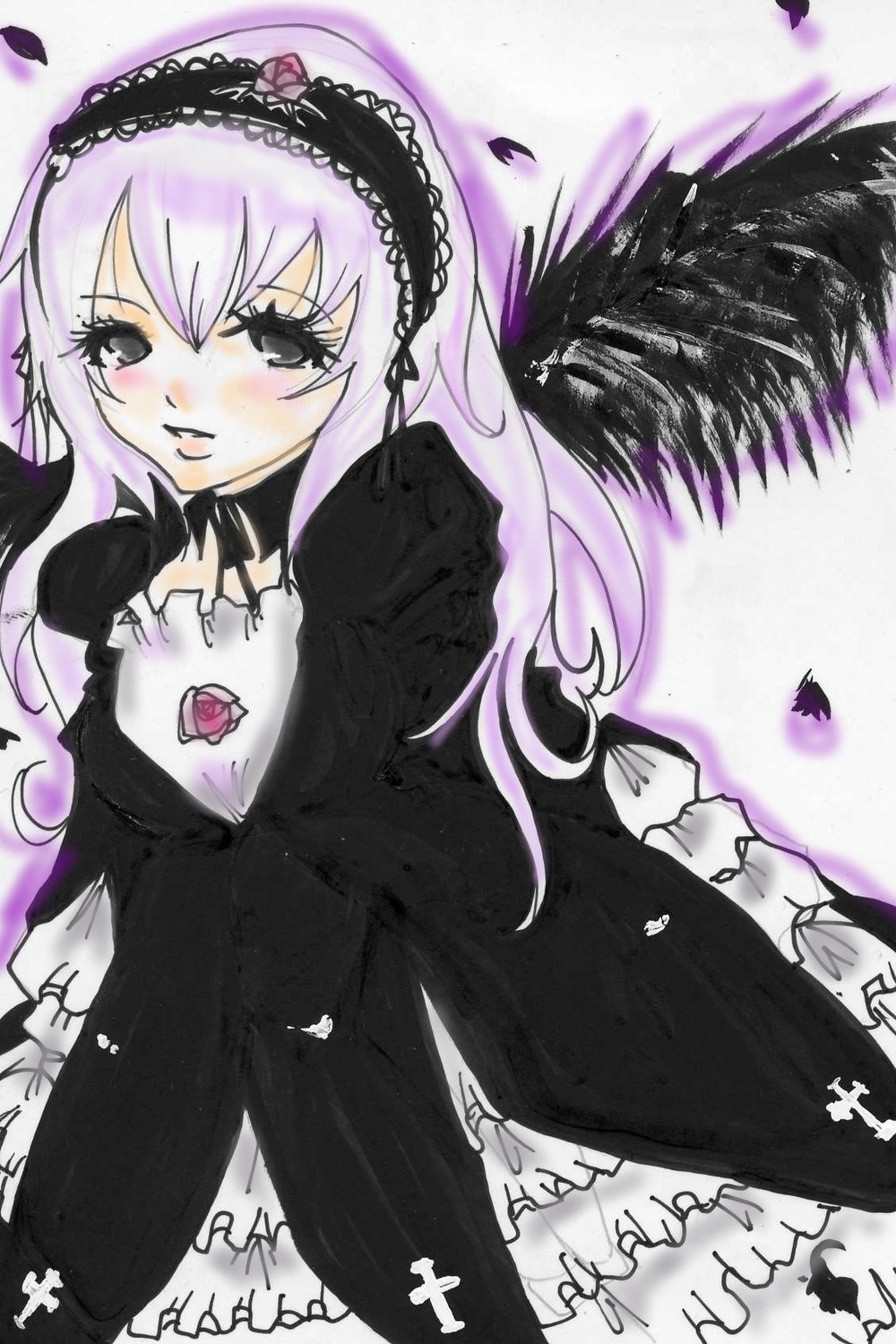 1girl auto_tagged black_dress black_wings blush detached_collar dress feathers flower frills hairband image lolita_hairband long_hair long_sleeves looking_at_viewer solo suigintou very_long_hair wings