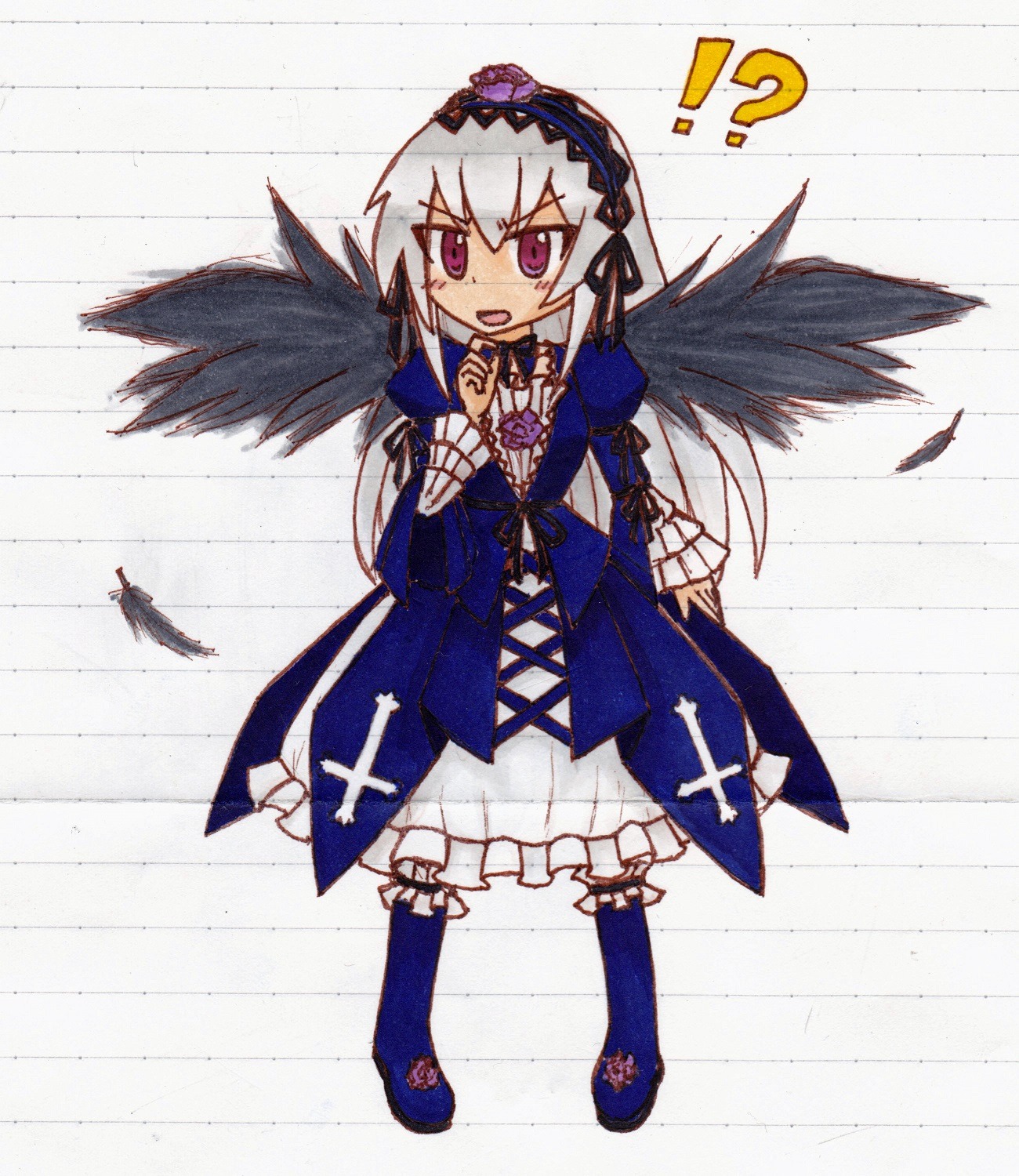 1girl black_wings blush dress emphasis_lines feathered_wings feathers flower frills full_body hairband image lolita_hairband long_hair long_sleeves open_mouth pink_eyes silver_hair solo suigintou wings