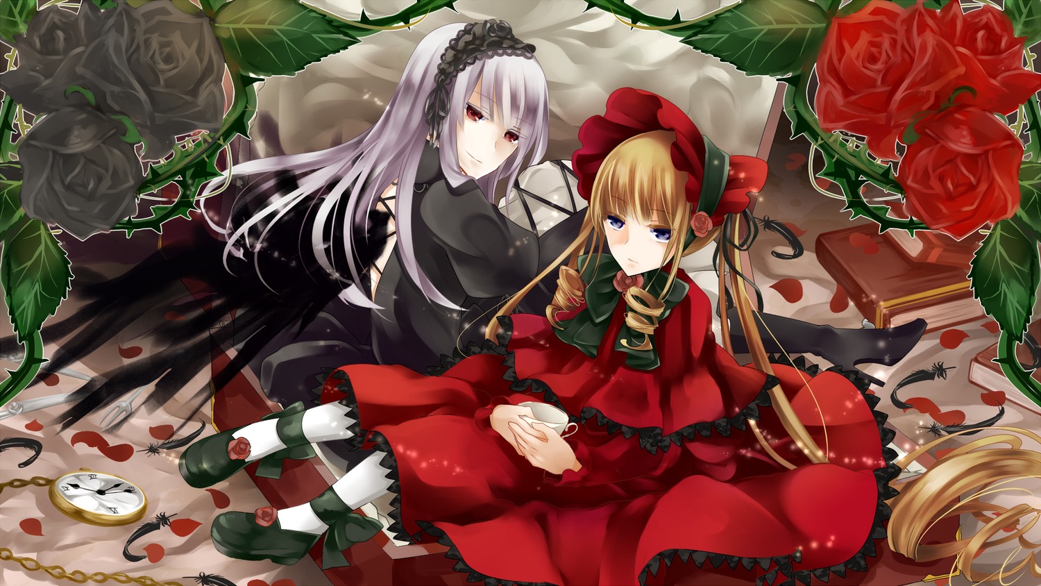 2girls auto_tagged blonde_hair blue_eyes bonnet bow chain cup dress flower hairband image long_hair multiple_girls pair pocket_watch red_dress red_eyes red_flower red_rose rose shinku shoes silver_hair suigintou tea teacup