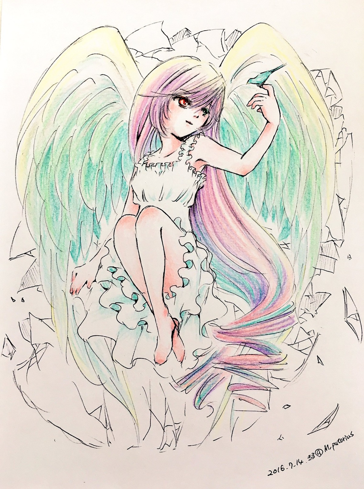 1girl barefoot dress frilled_dress frills image long_hair pink_hair red_eyes solo suiseiseki traditional_media very_long_hair white_dress wings