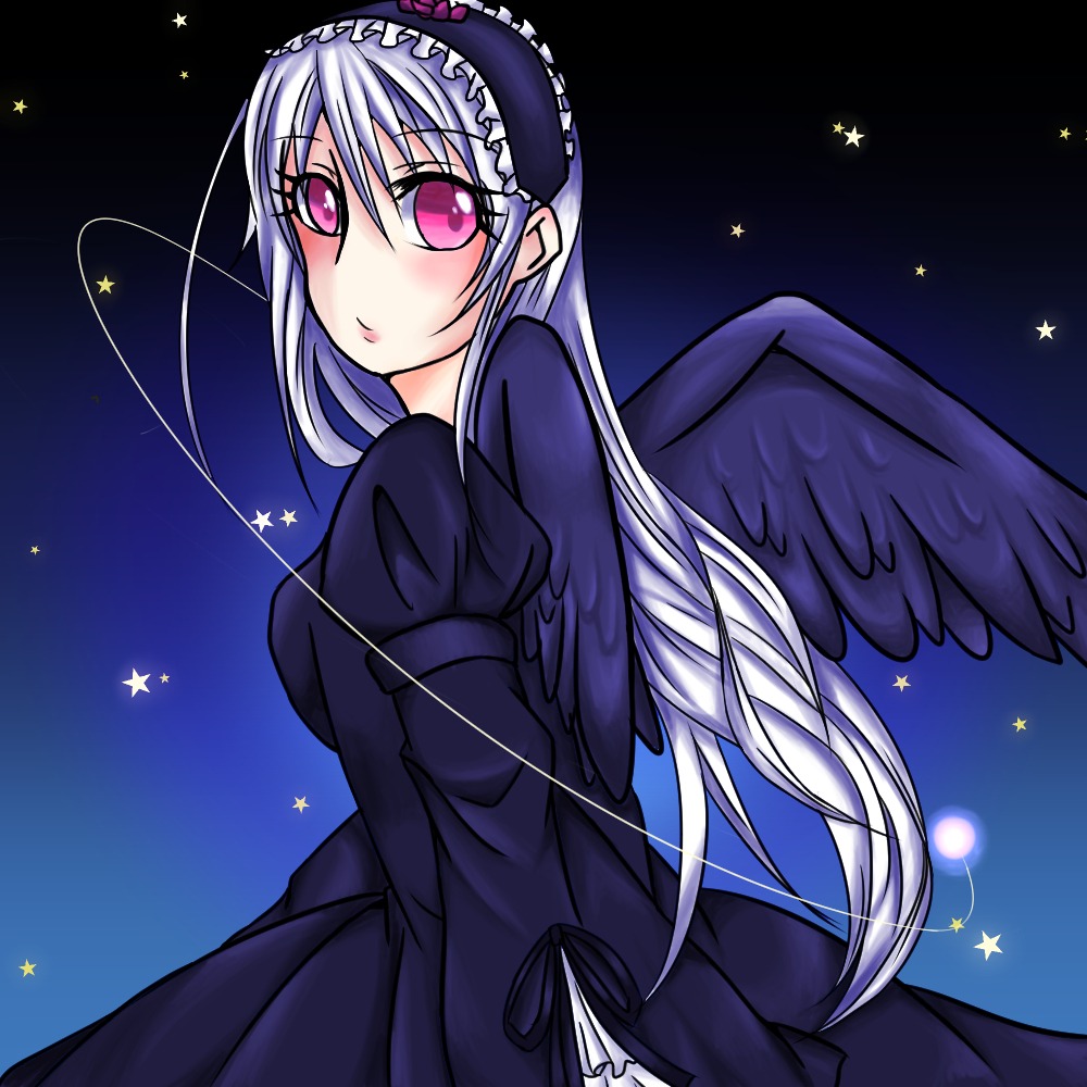 1girl angel_wings black_dress black_wings blush cross dress feathered_wings frills hairband image lolita_hairband long_hair long_sleeves looking_at_viewer pink_eyes sky solo star_(sky) star_(symbol) starry_background suigintou white_wings wings