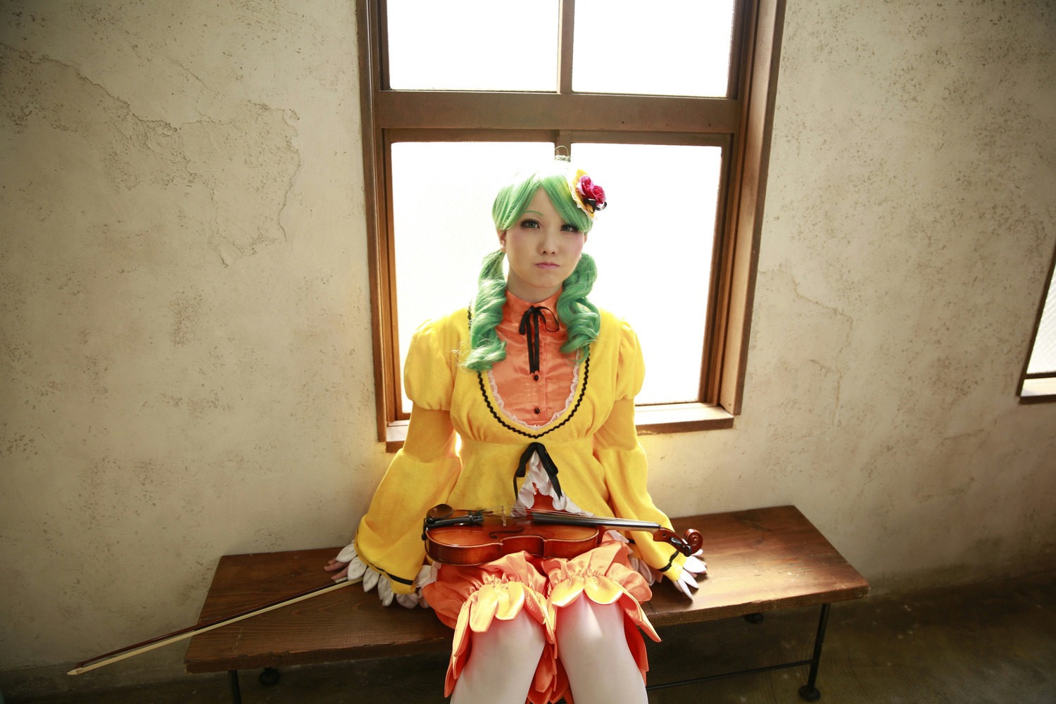 1girl drill_hair flower green_hair hair_flower hair_ornament kanaria photo sitting solo window