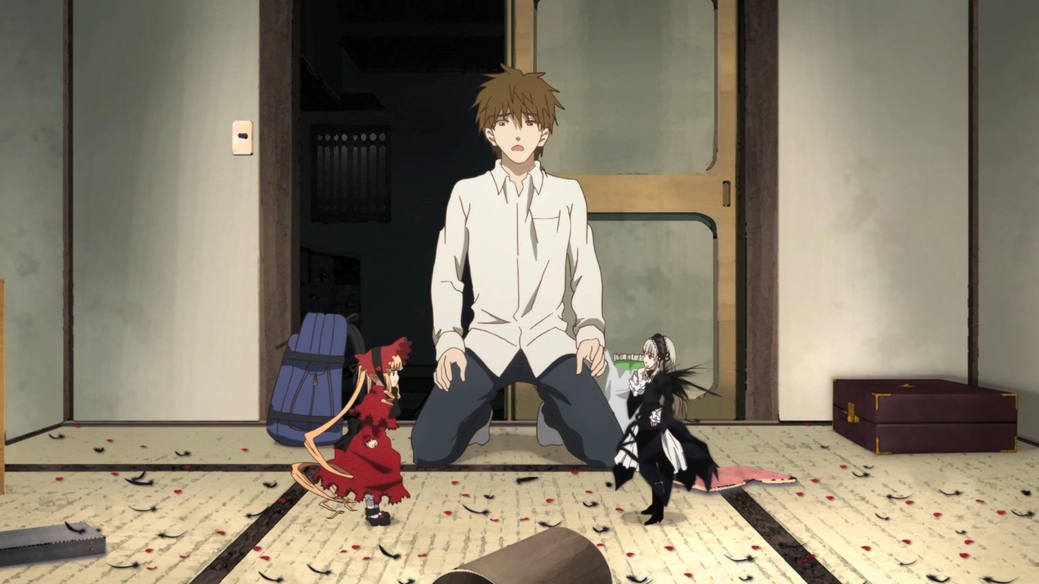 1boy auto_tagged bag black_hair emiya_shirou image indoors long_hair multiple_boys pair pants sakurada_jun shinku sitting suigintou tatami